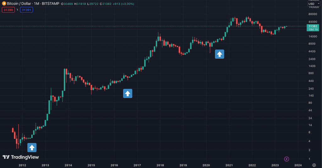 Bitcoin Halvings im Chart (logarithmisch)