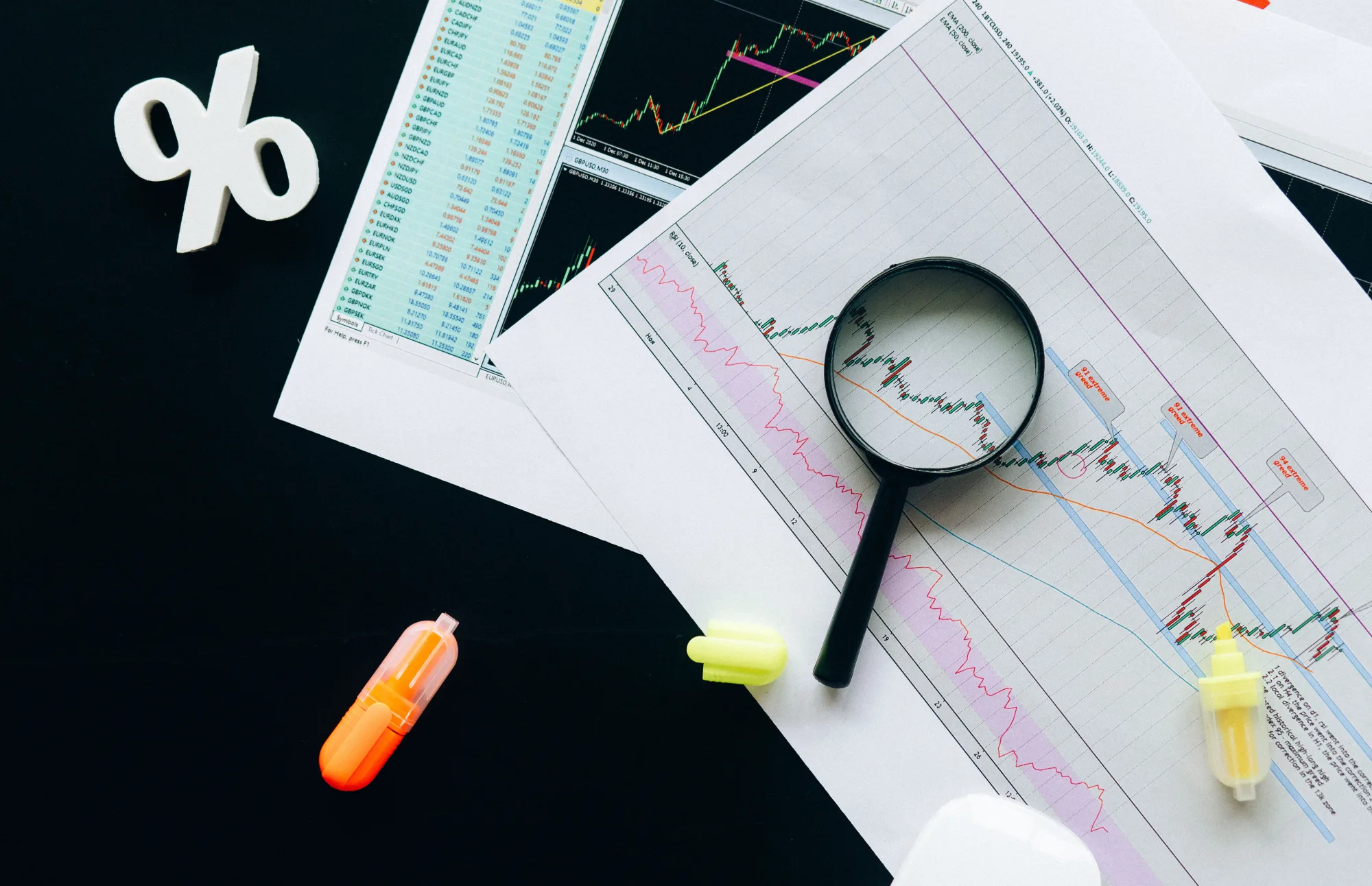 Lupe liegt auf gedruckten Marktcharts mit unterschiedlichen Kursverläufen