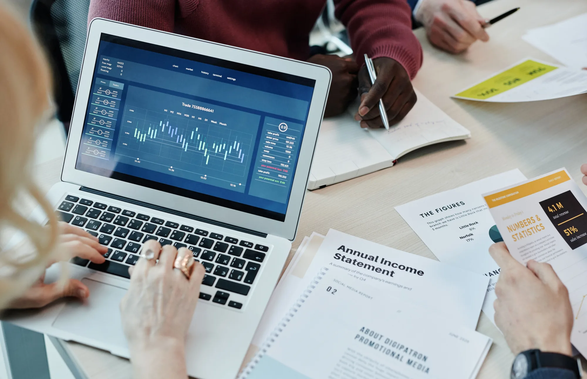 Ein Team wertet Finanzdaten und Ertragsberichte gemeinsam aus.
