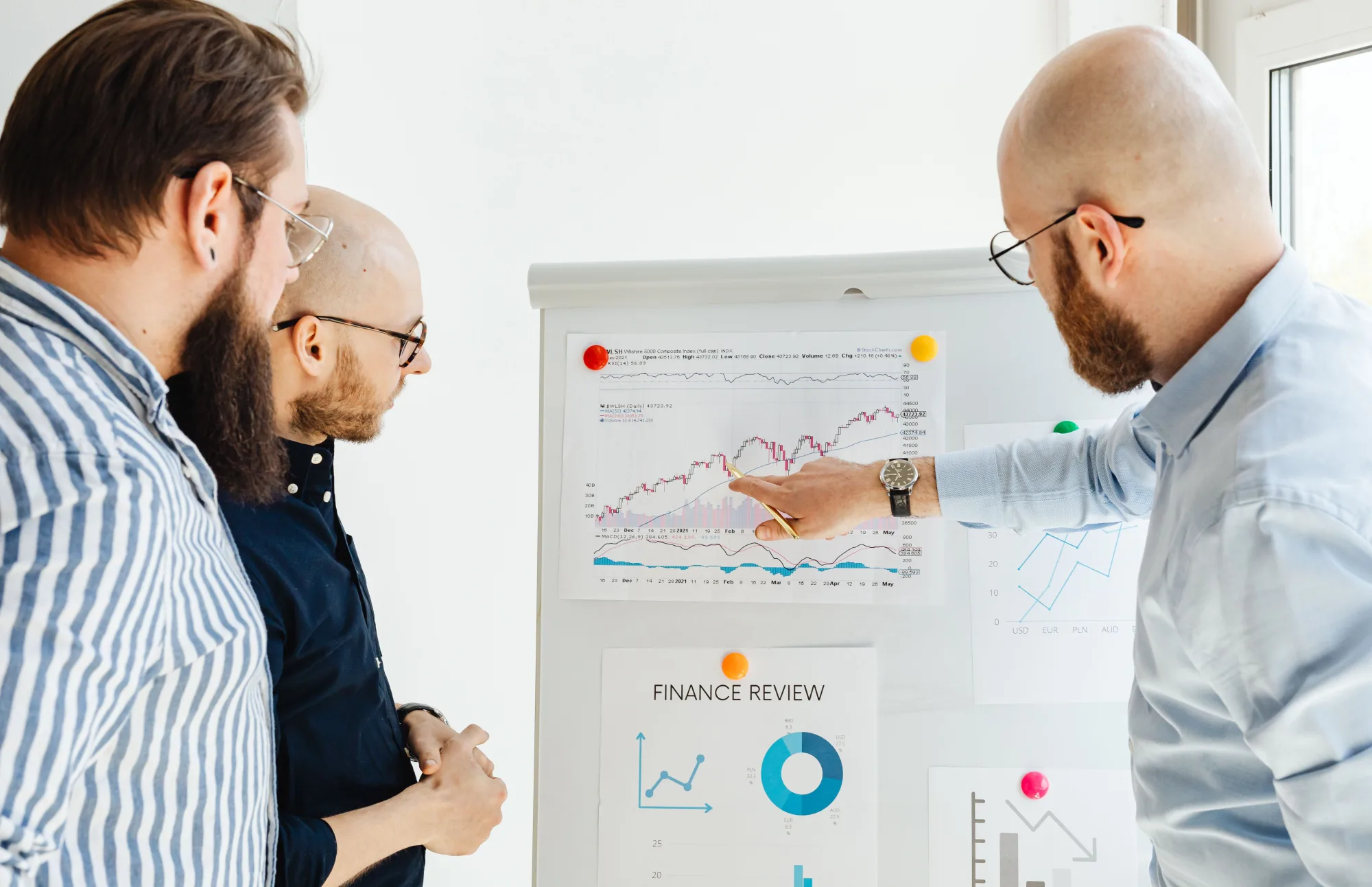 Drei Kollegen besprechen Finanzdiagramme an einem Whiteboard.